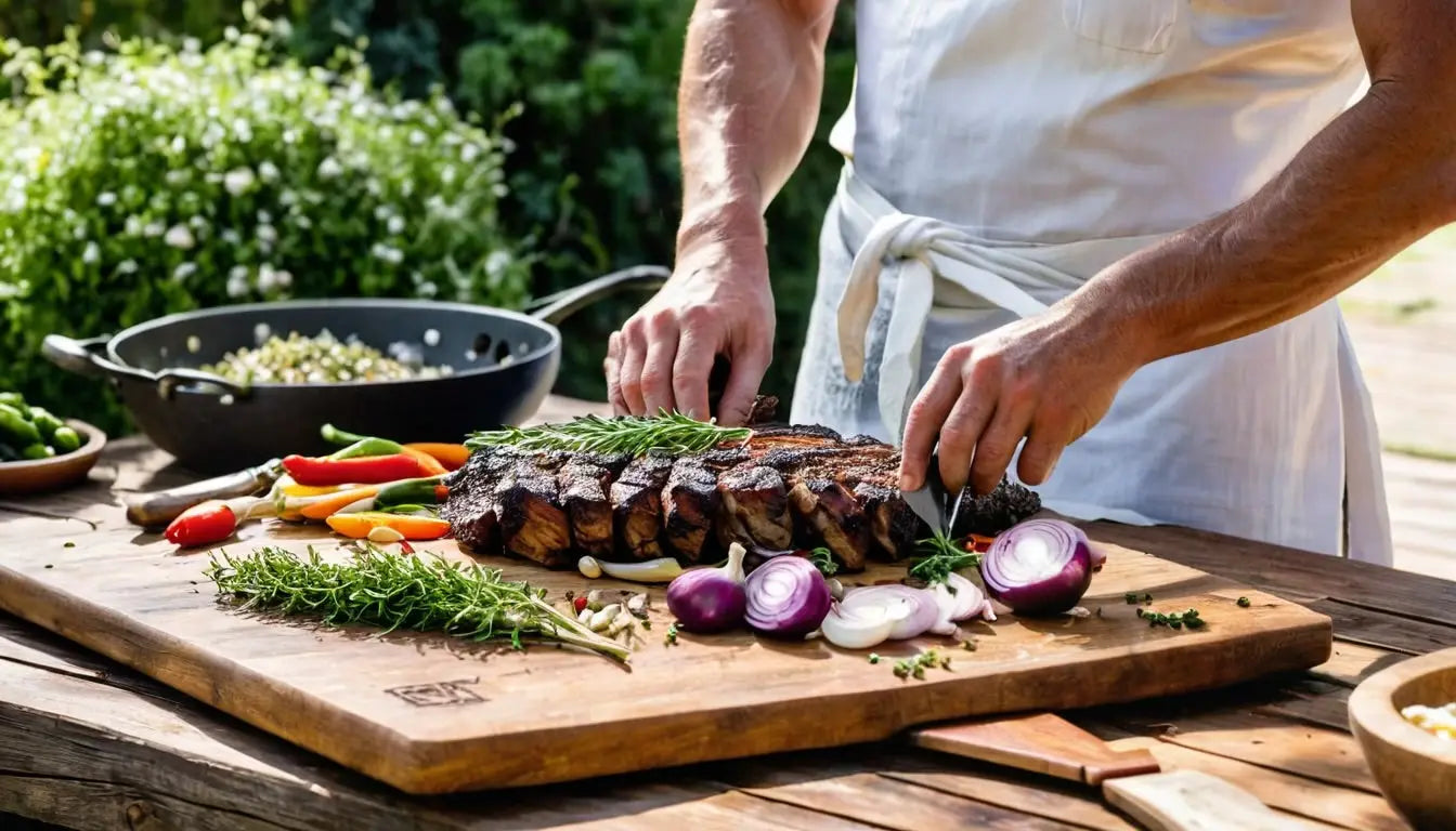 Gegrilltes Fleisch, gewürzt mit Rosmarin und in Scheiben geschnitten.