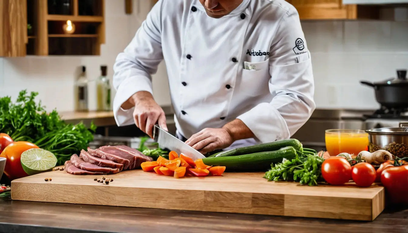 Koch in weißer Uniform bei der Zubereitung von Speisen