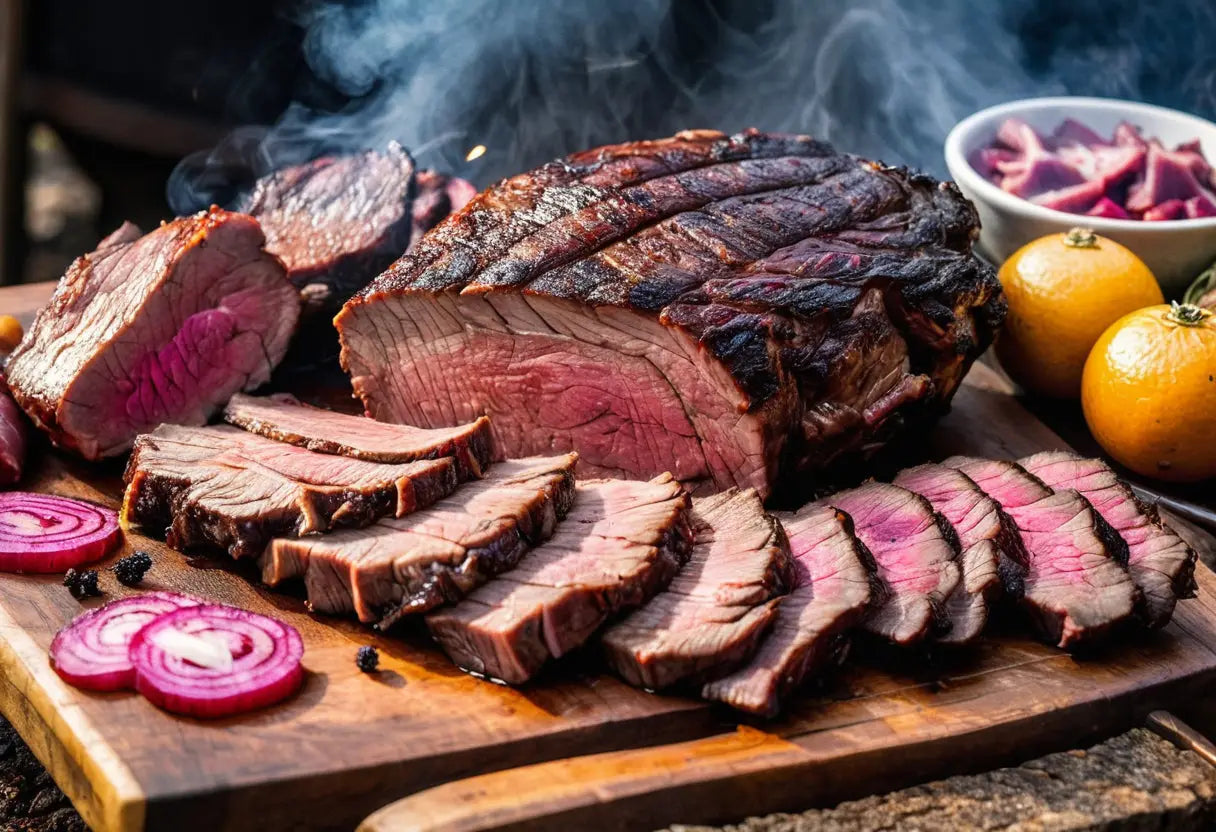 Ein frisch tranchierter, mittelgroßer Rinderbraten mit einer verkohlten Oberfläche.