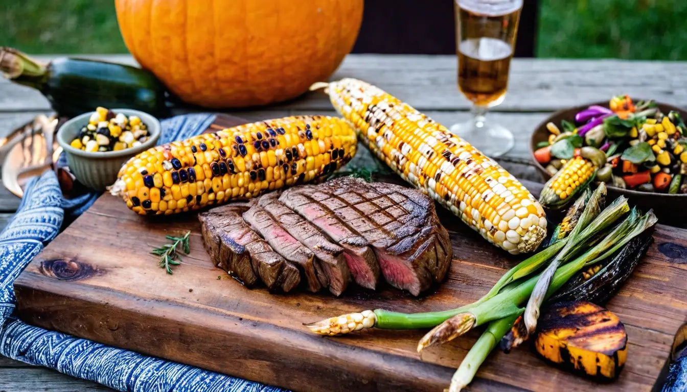 Spätsommerliches BBQ mit Steak, Maiskolben und gegrilltem Gemüse auf einem rustikalen Holzbrett im goldenen Abendlicht.