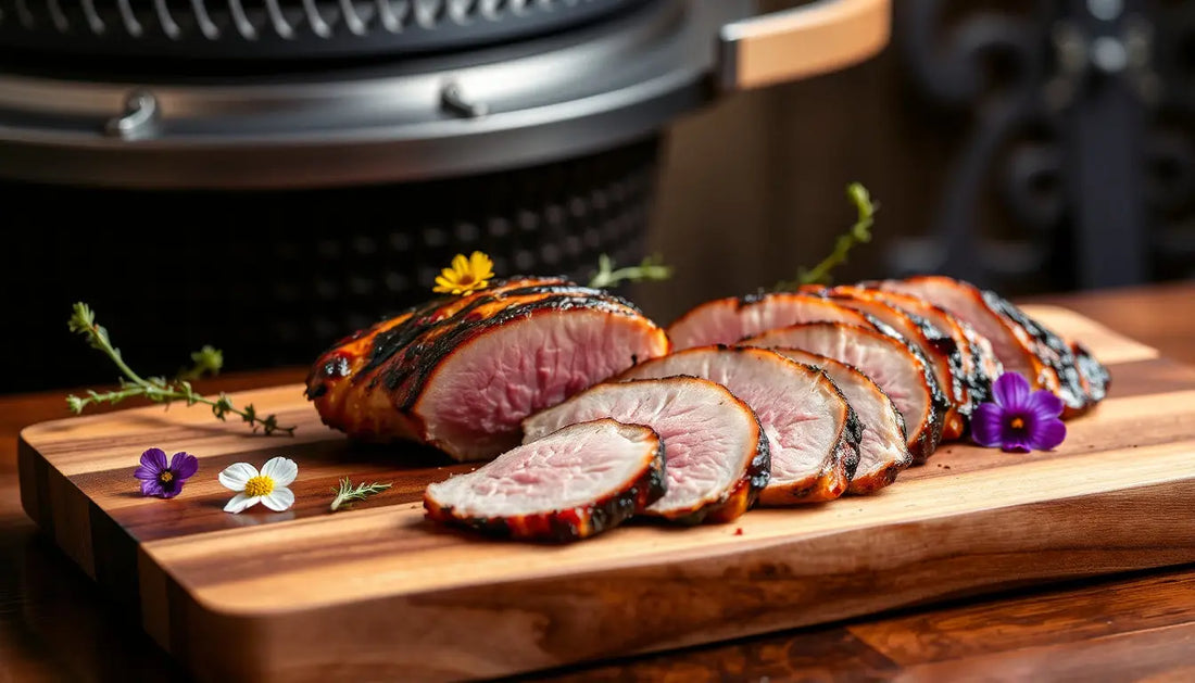 In Scheiben geschnittenes, mittelgroßes Rinderfilet, garniert mit frischen Kräutern und essbaren Blüten auf einem Holzbrett.