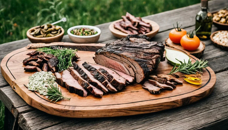 Handgefertigtes Servierbrett aus Holz mit Grillgemüse, Steak und Würstchen in rustikaler BBQ-Szene, dekoriert mit Schwarzwälder Bollenhut im Freien