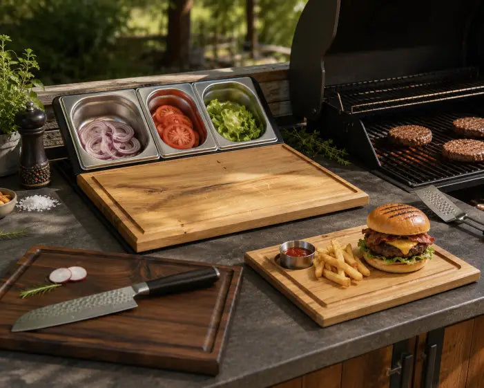 BBQ Setup mit Arbeitsstation, Schneidebrett Set, Damastmesser und Steakbrett mit Dip Schale