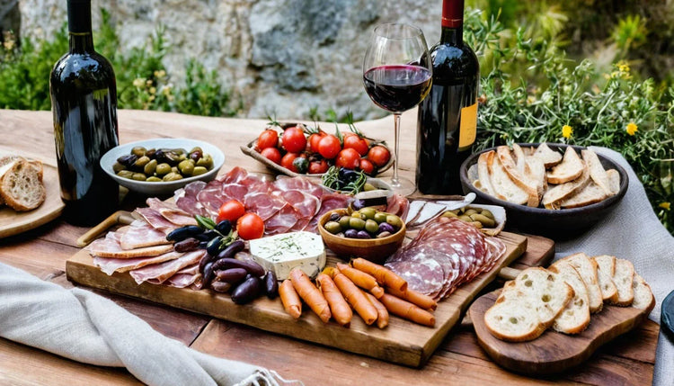 Servierbrett aus Massivholz mit BBQ-Spezialitäten, Gemüse und Kräutern in rustikaler Outdoor-Szene mit Schwarzwald-Flair