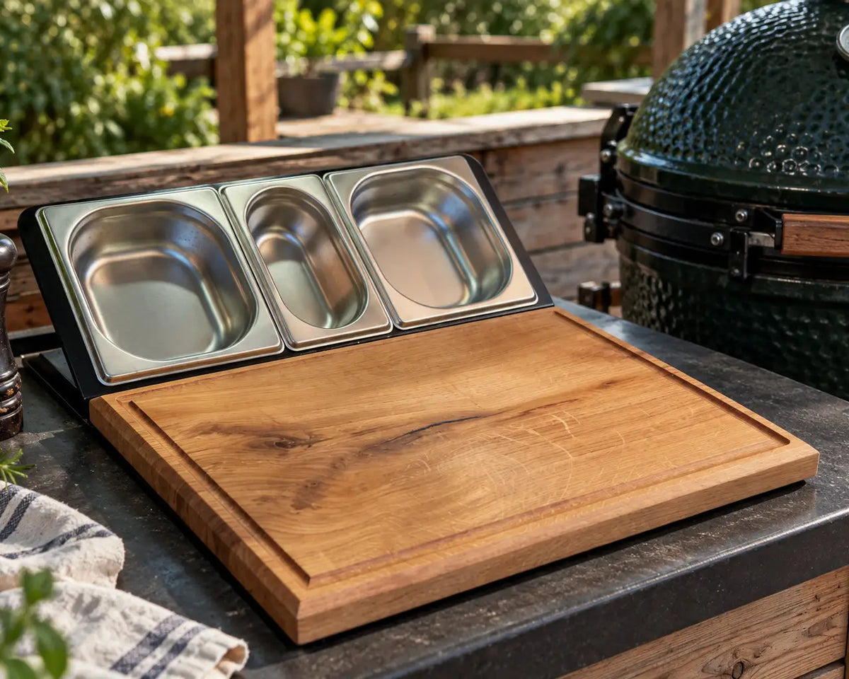 Chefstation Schneidebrett aus Vollholz mit Arbeitsstation, Auffangschalen und strukturierter Vorbereitung für Küche, Grill und BBQ.