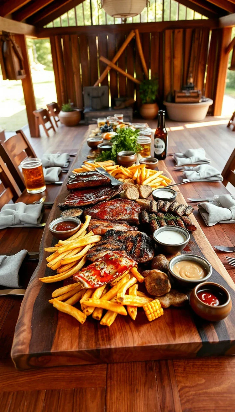 Große BBQ-Platte mit Spareribs, gegrillten Steaks, Pommes, geröstetem Gemüse und Maiskolben, angerichtet auf einem rechteckigen Servierbrett aus massivem Walnussholz in einer rustikalen Grillhütte im Sommer