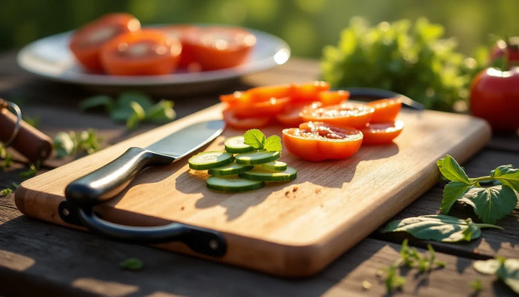 Schneidebrett aus Holz mit geschnittenen Tomaten und Gurken.