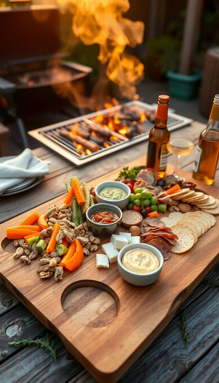 Großes Snackboard aus massivem Ulmenholz mit Ausfräsungen, gefüllt mit Nüssen, Gemüse-Sticks, Käse, Wurst und Dips. Im Hintergrund eine sommerliche BBQ-Szene mit einem angeheizten Grill und rustikal gedecktem Tisch auf einer Terrasse.