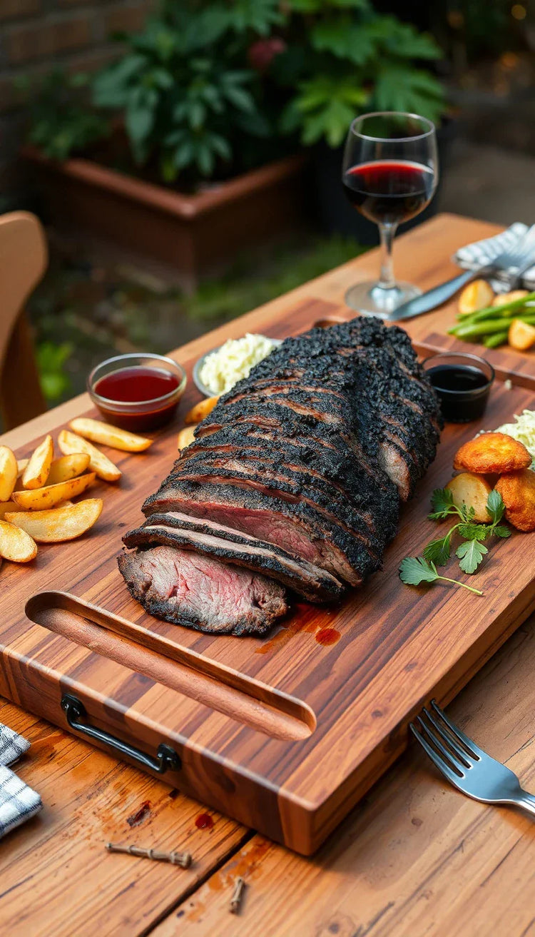 Beef Brisket schön angerichtet auf einem Massivholzbrett mit Beilagen