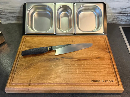 La CHEFSTATION - Planche à découper en chêne massif & récipients GN | La station de travail ultime | 46 x 52 x 4 cm