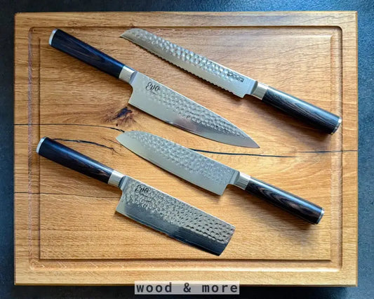 Set aus massivem Eiche Schneidebrett und Damastmesser – hochwertige Kombi für Küche, BBQ & Grillfreunde