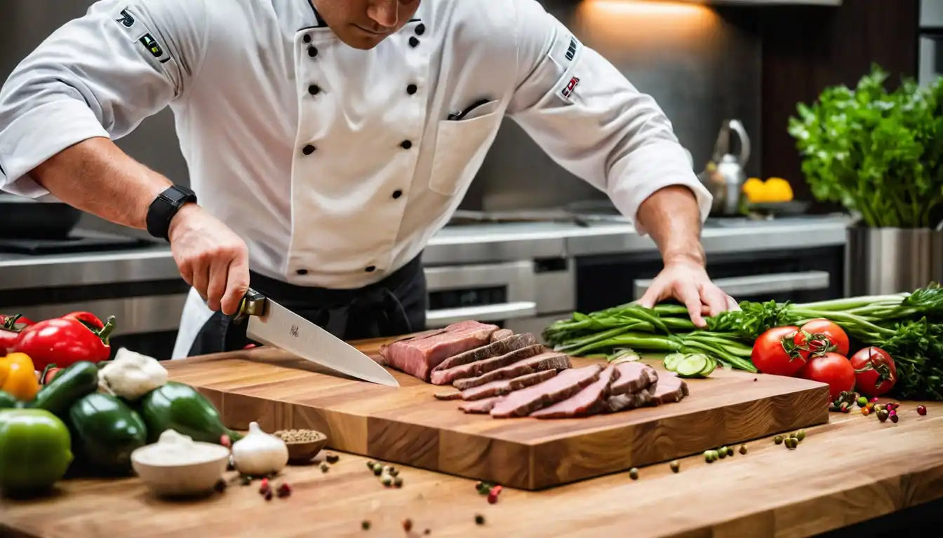 Koch schneidet gekochtes Fleisch auf einem Holzteller mit Gemüse in der Nähe.