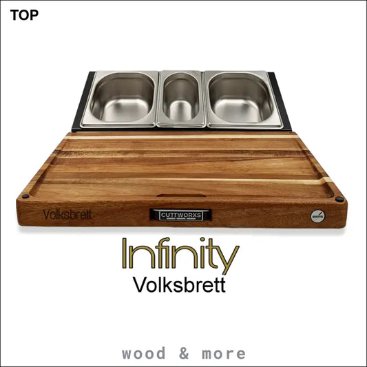 Holzschneidebrett mit Metallbehältern und Cuttworxs Infinity Volksbrett Branding