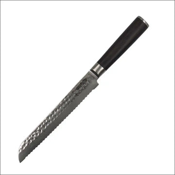 Damast Brotmesser Evolution mit Wellenschliff und FlameWOOD Griff – freigestellt auf weißem Hintergrund