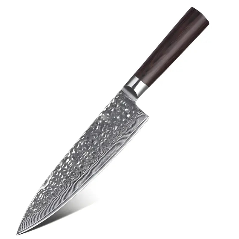 Chefmesser aus Damaststahl mit VG10-Kern und Holzgriff – Produktfoto auf weißem Hintergrund