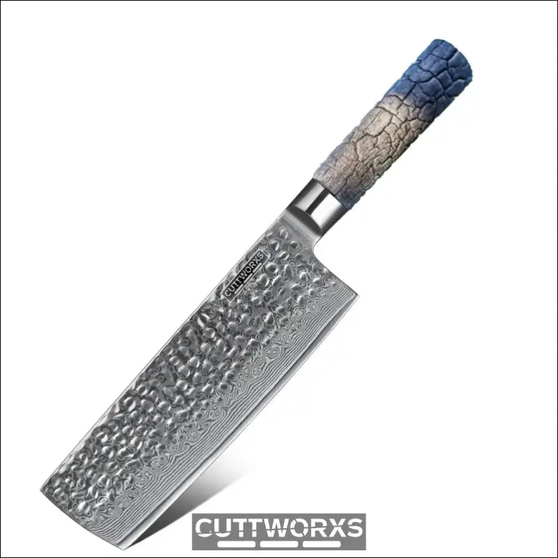 Damast Nakiri mit gehämmerter Klinge und blau-grauem Griff für präzisen Schnitt