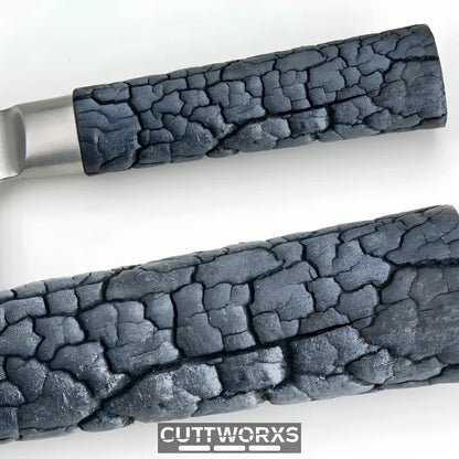 Ergonomischer FlameWOOD Griff des Damast Nakirimessers – patentiert versiegelt, dunkle Holzmaserung, wasserresistent