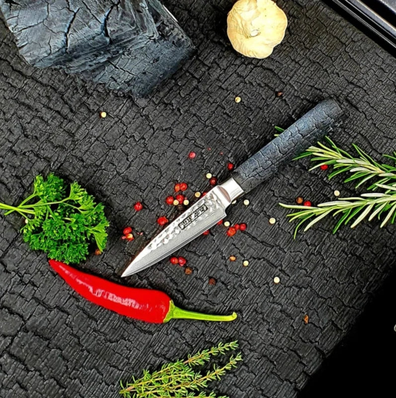 Damast Officemesser Evolution mit VG10-Kern, 67 Lagen Damaststahl und FlameWOOD® Griff