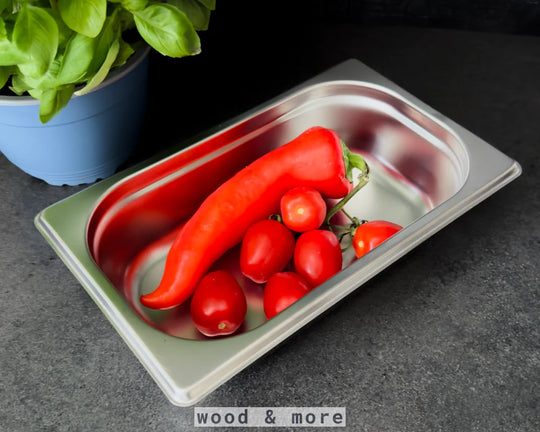 Stainless steel GN container 1/4 – Height: 65 mm | Stackable | 265 x 162 mm