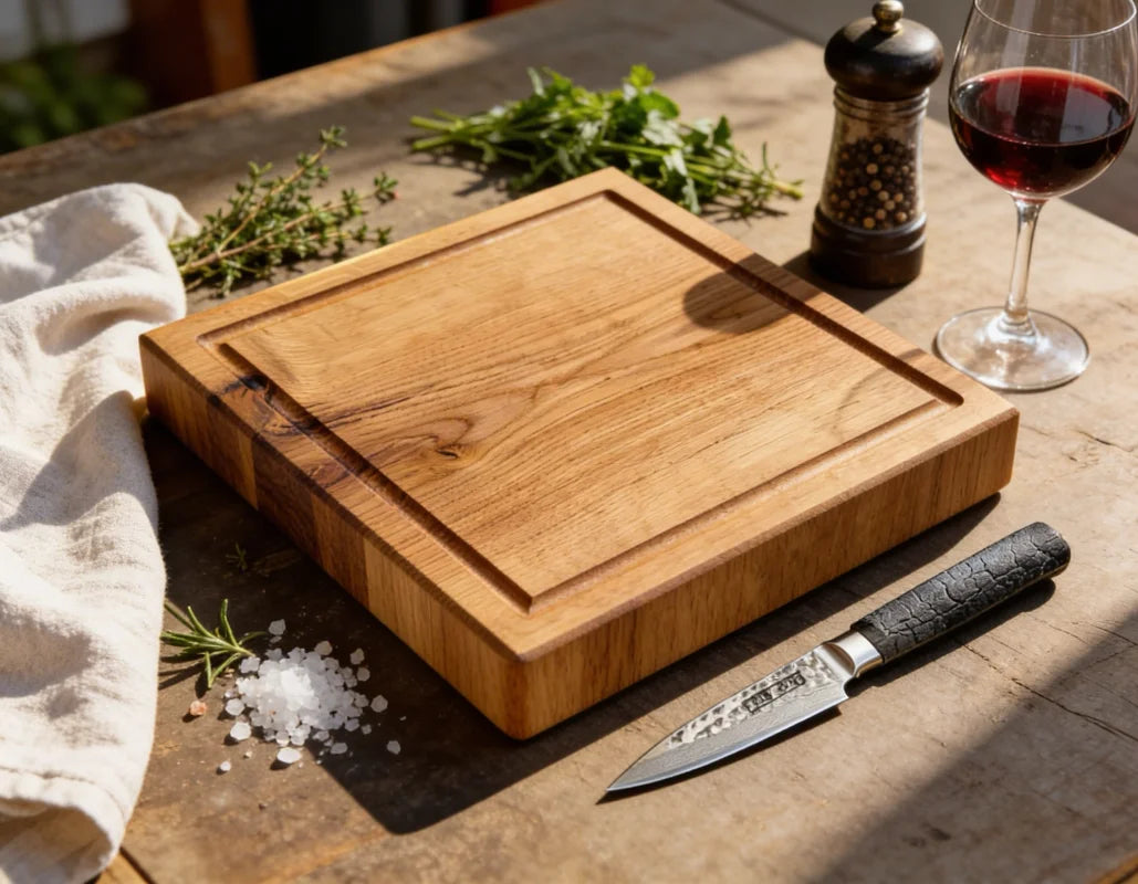 Kompaktes Holz Schneidebrett aus Eiche 30x30 cm, massives Servierbrett und Küchenbrett für Snacks, Obst, Gemüse und Brotzeit