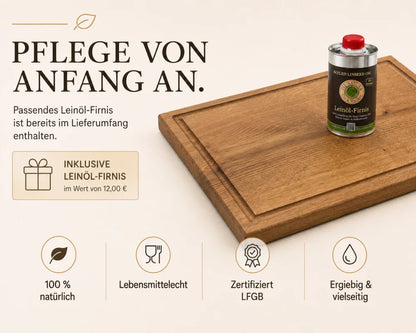 Eiche-Schneidebrett mit im Lieferumfang enthaltenem, lebensmittelecht zertifiziertem Leinöl-Firnis zur Holzpflege