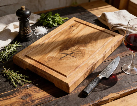 Chefbrett XS Grip aus Eiche 35x25x4 cm, kompaktes massives Schneidebrett aus Vollholz mit Griffmulde für Küche, kleine Vorbereitung und schnelles Arbeiten