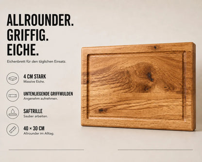 Produktkarte eines Eiche-Schneidebretts 40 x 30 x 4 cm mit Saftrille und unten liegenden Griffmulden.