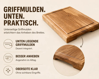Detailgrafik zu unten liegenden Griffmulden an einem Schneidebrett für angenehmes und sicheres Anheben.