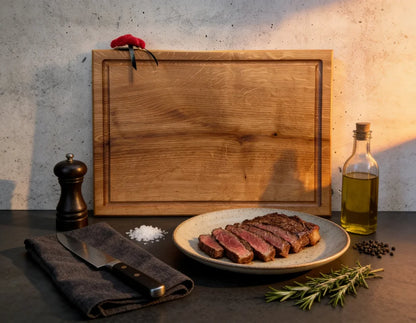 Eiche Schneidebrett aus Massivholz für Fleisch, Steak und BBQ – handgefertigtes Holzbrett mit natürlicher Maserung für Küche und Grill