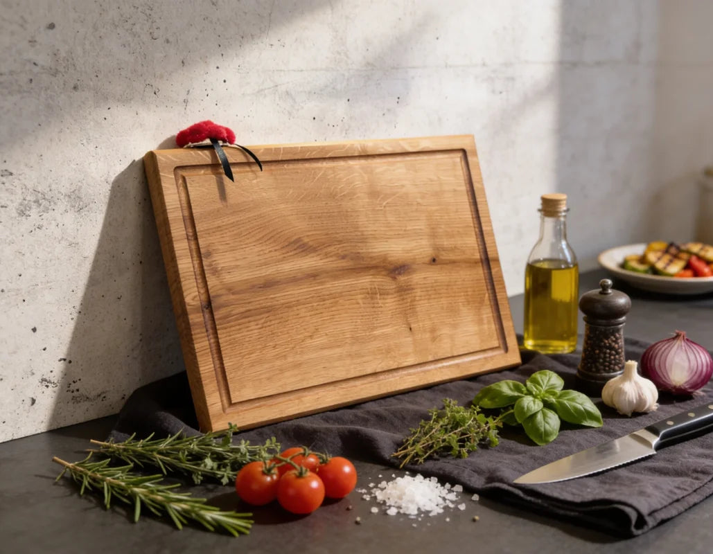 Eiche Schneidebrett aus Massivholz mit Kräutern und Gemüse – hochwertiges Holzbrett für Lebensmittelvorbereitung, Kochen und Servieren