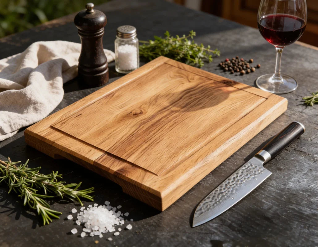 Massives Eiche Schneidebrett 40x30 cm mit Griffmulden, handgefertigtes Holzbrett für Fleisch, Gemüse, Küche und komfortables Arbeiten