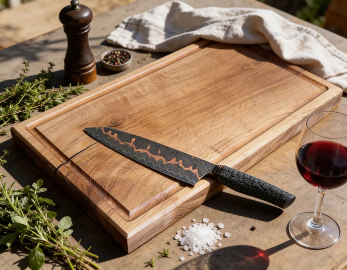 Chefbrett Allrounder 50 aus Eiche 50x30x4 cm, massives Schneidebrett aus Vollholz mit Saftrille und glatter Rückseite für Küche, Grill und tägliche Vorbereitung
