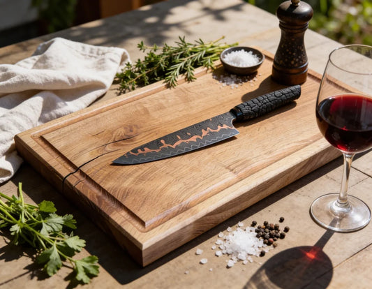 Eiche Schneidebrett 50x30x4 cm beidseitig nutzbar, handgefertigtes Chefbrett mit Saftrille und glatter Seite für Fleisch, Gemüse, Küche und BBQ