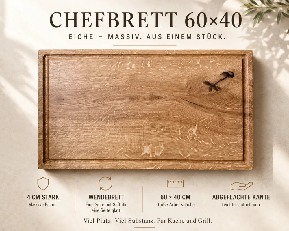 Eiche-Schneidebrett 60 × 40 cm, 4 cm stark, als Wendebrett mit Saftrille, glatter Rückseite und abgeflachter Kante dargestellt.