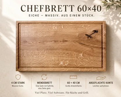 Eiche-Schneidebrett 60 × 40 cm, 4 cm stark, als Wendebrett mit Saftrille, glatter Rückseite und abgeflachter Kante dargestellt.