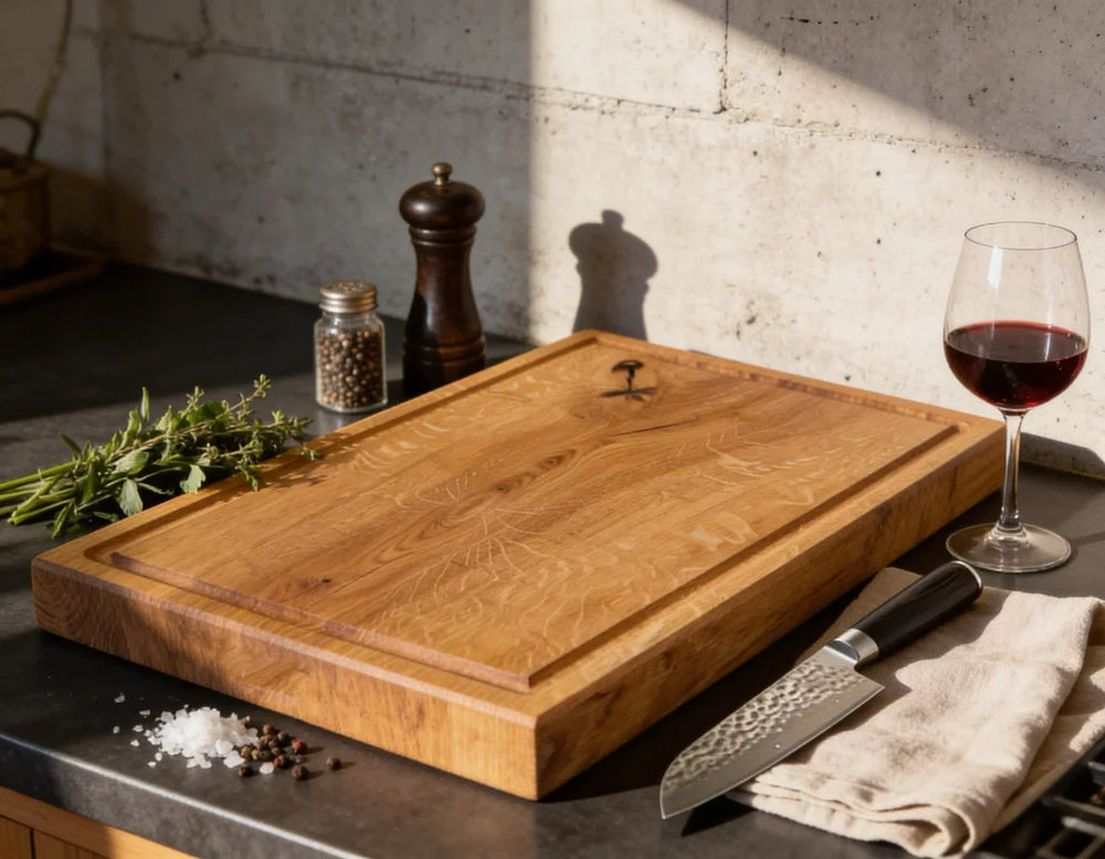 Großes Schneidebrett Eiche 60x40 cm aus massivem Vollholz mit Saftrille, handgefertigtes Holzbrett für Grill, BBQ, Fleisch und Küche