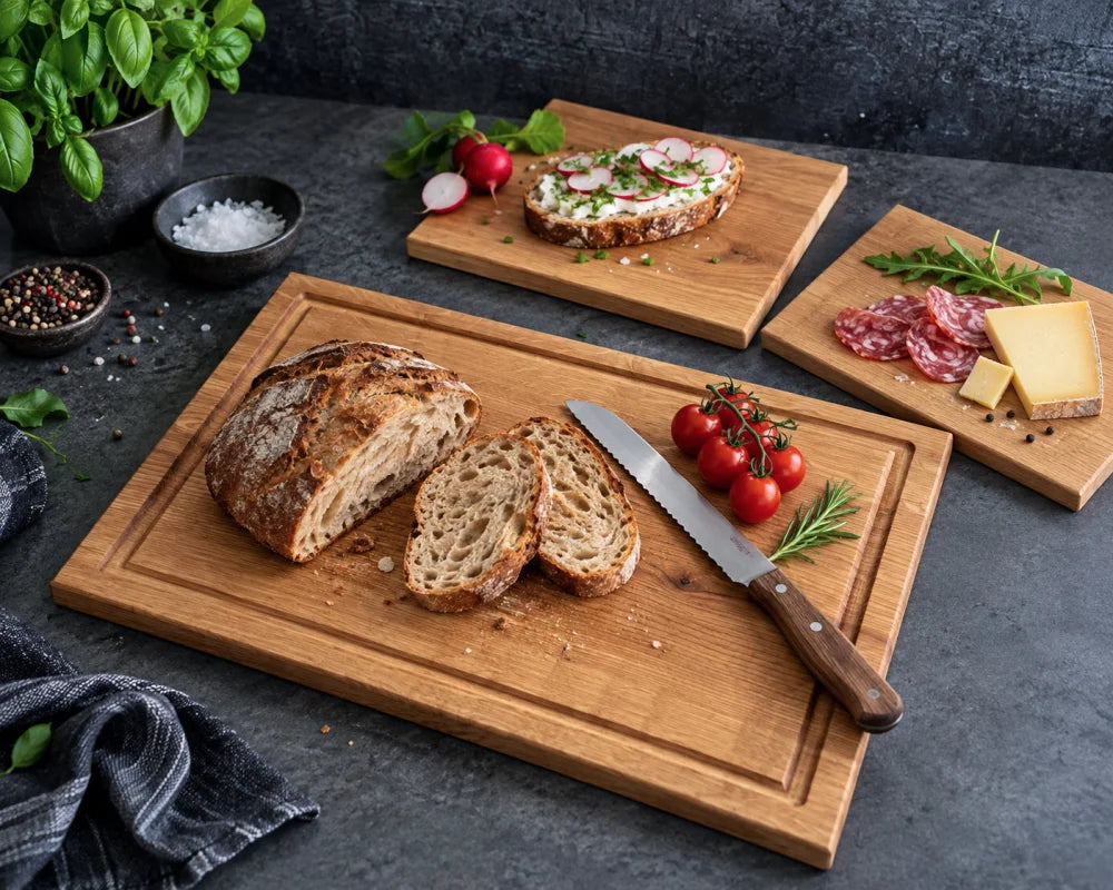 KÜCHENHELD – dreiteiliges Eiche-Vollholz-Set mit 40 × 30 × 4 cm Hauptbrett und zwei Brotzeitbrettern