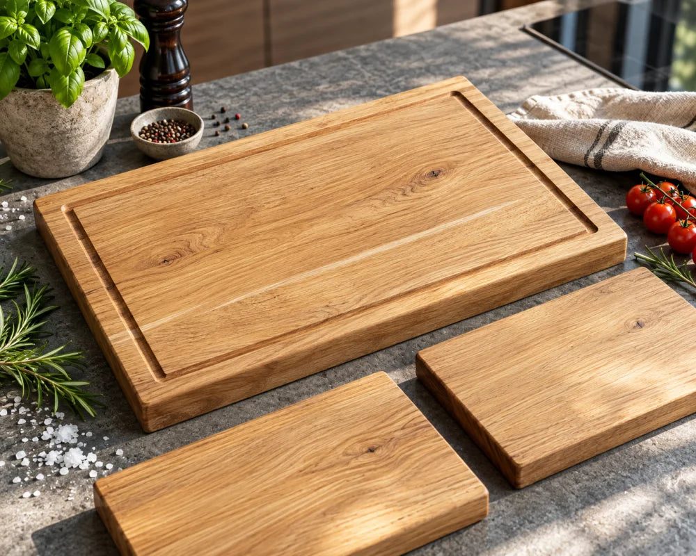 TAFELRUNDE – dreiteiliges Schneidebrett-Set aus Eiche, großes 50 × 30 cm Hauptbrett und zwei Frühstücksbretter