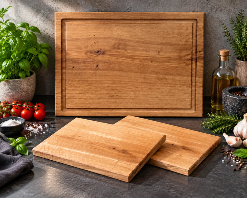 FAMILIENTAFEL – drei Eiche-Bretter aus massivem Vollholz, großes Hauptbrett 50 × 40 cm und zwei kleine Vesperbretter