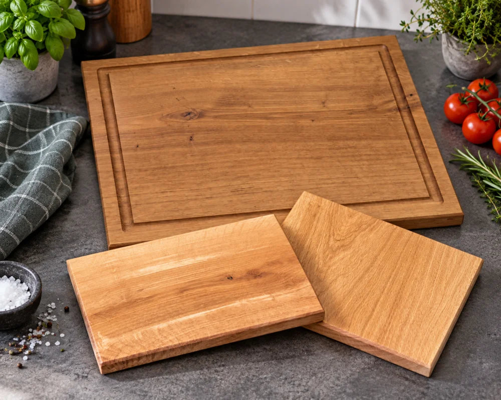 FAMILIENTAFEL – Eiche Schneidebrett-Set 50 × 40 × 4 cm mit zwei Vesperbrettern 30 × 20 cm für Familienküche und Brotzeit