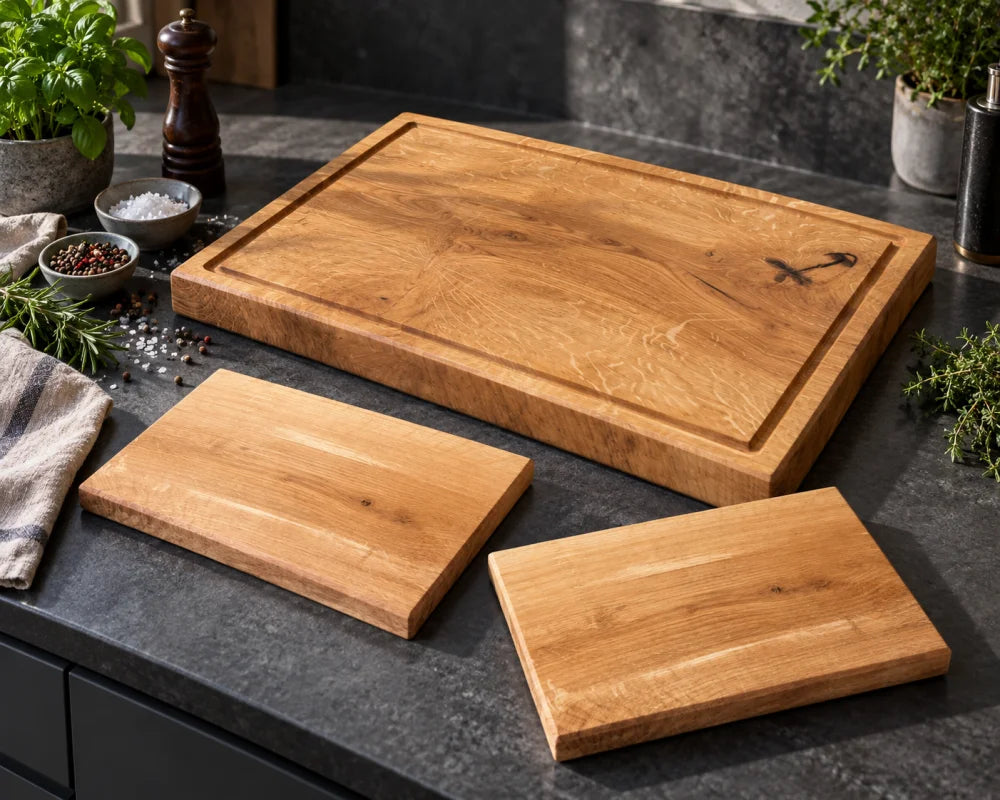 GASTGEBER – dreiteiliges Eiche-Vollholz-Set für Küche und BBQ, großes 60 × 40 cm Hauptbrett und zwei kleine Brotzeitbretter