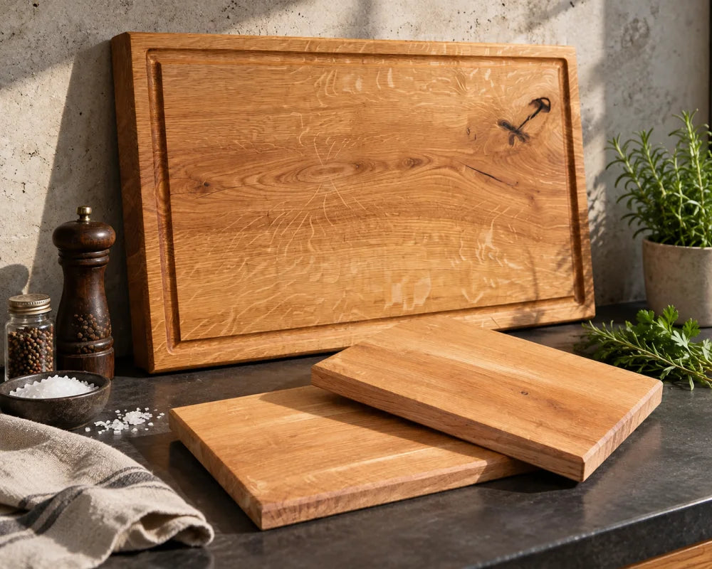 GASTGEBER – Eiche Schneidebrett-Set mit XXL-Hauptbrett 60 × 40 × 4 cm und zwei Vesperbrettern 30 × 20 cm
