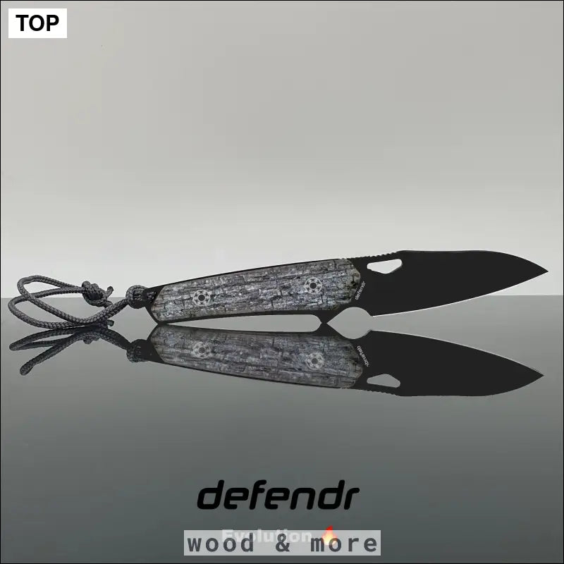 Sleek black and gray Defendr Evolution Jagdmesser mit Flamewood Griff und Lanyard