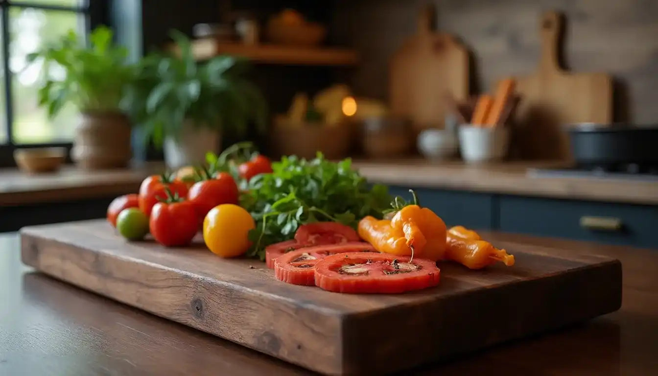 Frische Tomaten und Kräuter auf einem holzernen Schneidebrett.