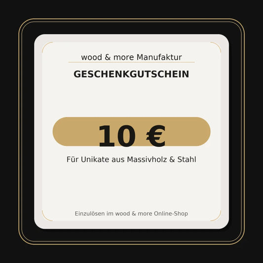 Geschenkgutschein 10 Euro – edle Gutschein-Grafik in Schwarz-Gold von wood & more Manufaktur