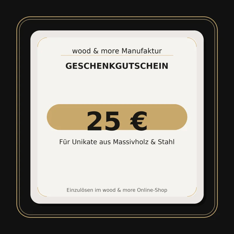 Geschenkgutschein 25 Euro – quadratische Premium-Grafik mit goldener Bordüre von wood & more Manufaktur