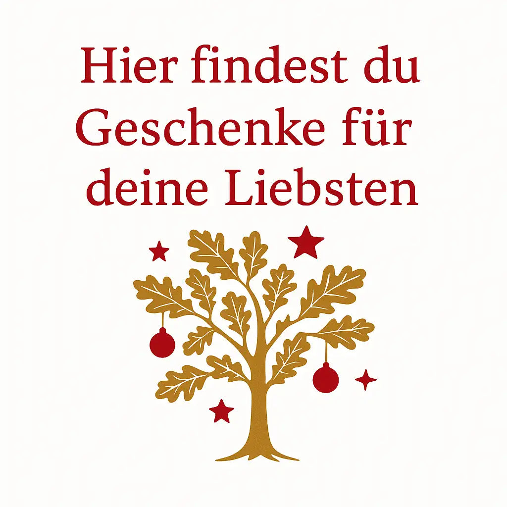 Goldene Eichenbaum mit roten Ornamenten und Sternen, minimalistisches Design.