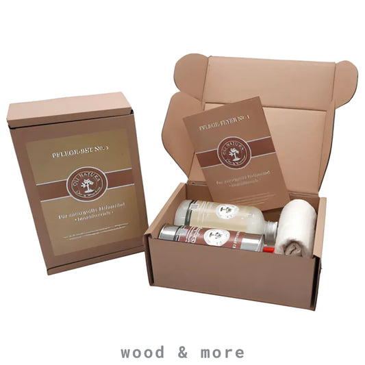 Braune Verpackungsboxen mit Holzpflege-Set für geölte Esstische und Möbel