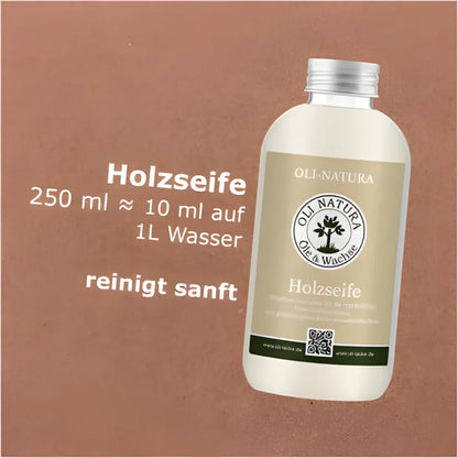 Flasche Holzseife mit natürlichem Etikett für geölte Esstische und Möbel
