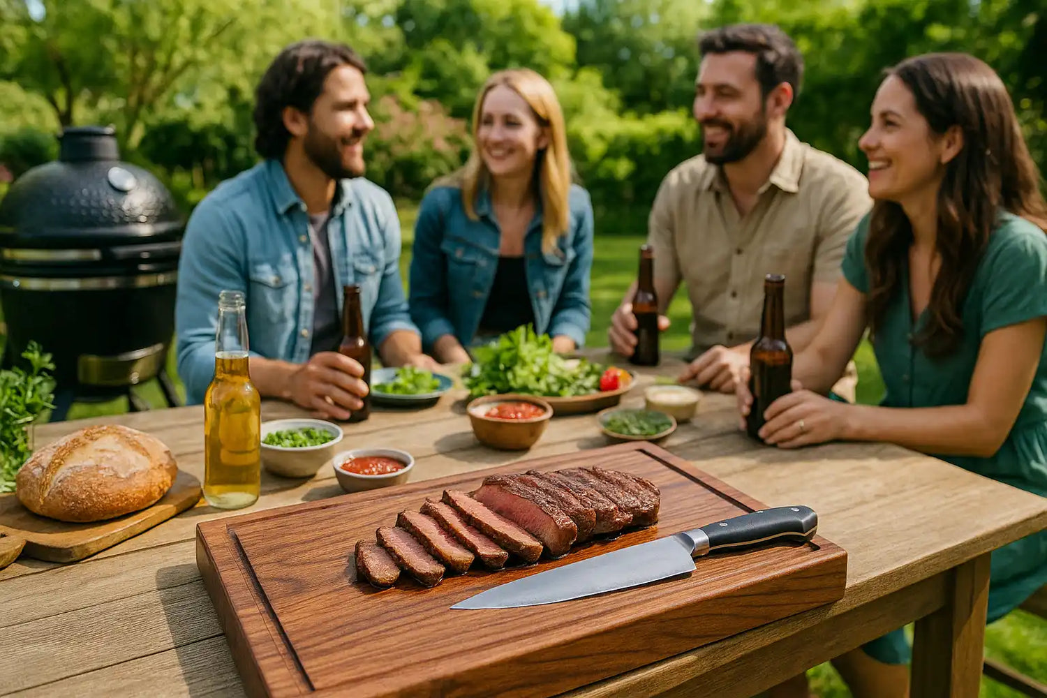 Ein Holzschneidebrett mit einem aufgeschnittenen Steak und einem Kochmesser.